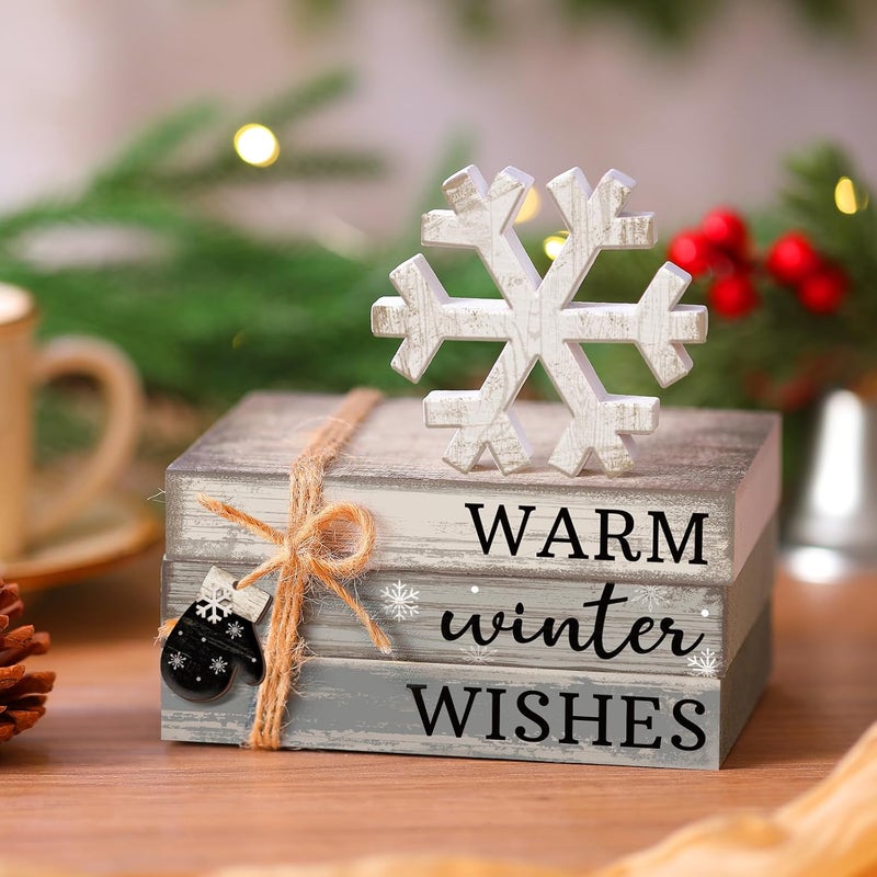 Anglechic 4 Pcs Winter Table Decorations Snowflake Tiered Tray Decor Warm Wishes Centerpiece Decorations Indoor Rustic Wooden Snowflake Block Sign Gift Farmhouse for Home Kitchen Shelf - Image 2